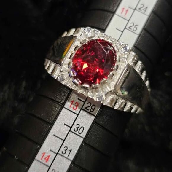 Deep Red Burmese colored 1.35TCW Moissanite Ring in 925 Sterling Silver. Size 12